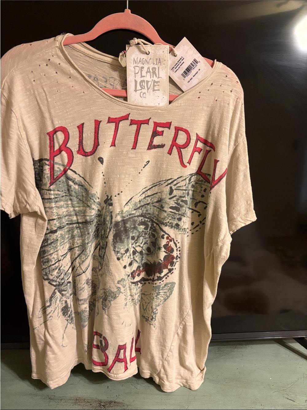 Magnolia Pearl Cream Graphic Butterfly Kids Tee with Red Lettering